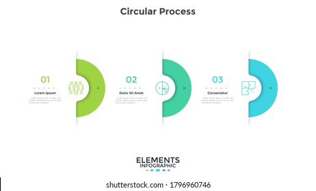 Three semi-circular elements placed in horizontal row. Concept of 3 successive stages of project development process. Modern infographic design template. Simple vector illustration for progress bar.