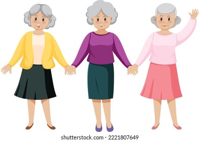Three senior women cartoon character illustration