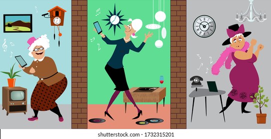 Three Senior Women Practicing Social Distancing And Having An Online Dance Party Staying At Their Own Homes, EPS 8 Vector Illustration