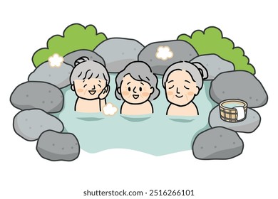 Three senior women taking a bath in an open-air bath in summer.