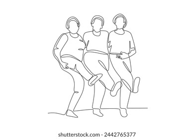 Three seniors gathered together were dancing.Seniors Community one-line drawing