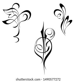 Three separate abstract decorative elements with curls in black lines on a white background. SET
