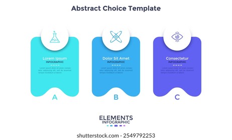 Three separate colorful abstract rectangular elements placed in horizontal row. Concept of 3 service features to select. Flat infographic design template. Simple vector illustration for website menu.