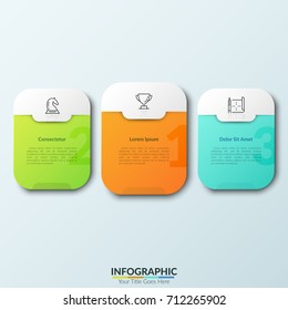 Three separate colorful rounded rectangles with numbers, thin line pictograms and text boxes inside.Concept of 3 places for competition winners. Modern infographic design template. Vector illustration