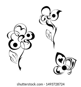 three separate decorative flowers with large petals on a short stem with one leaf in black lines on a white background