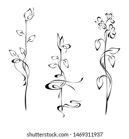 three separate decorative flowers on tall stems with leaflets and curls in black lines on a white background