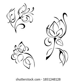 three separate decorative flowers on short stems with leaves and curls. set