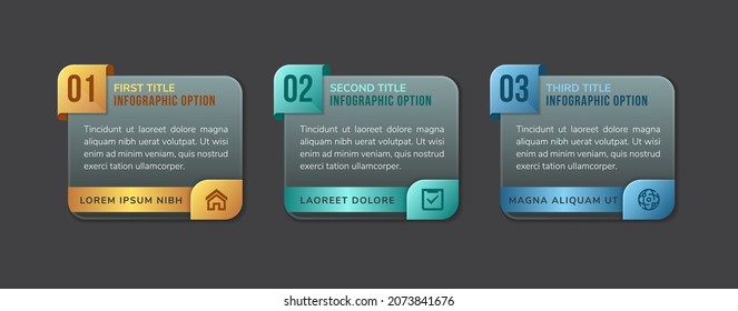 Three separate lettered rectangular elements with thin line symbols, text boxes inside and pointers. Description of company services. Minimalistic infographic design template. Vector illustration