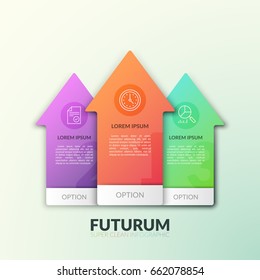 Three separate multicolored arrows pointing upward with numbers, thin line pictograms and place for text inside. Concept of growth and rise. Modern infographic design template. Vector illustration.