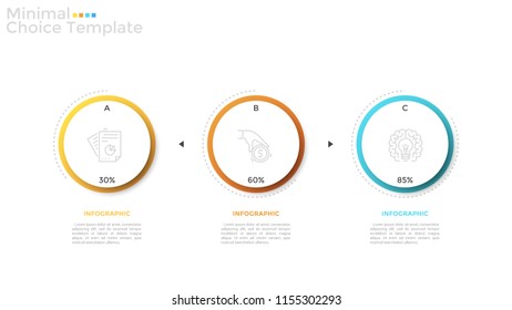 Three separate paper white circular elements with linear icons and percentage indication inside. Concept of 3 project completion stages visualization. Infographic design template. Vector illustration.