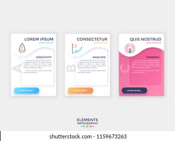 Three separate paper white rectangles or cards with wave elements, thin line icons, letters and place for text inside arranged into horizontal row. Infographic design template. Vector illustration.