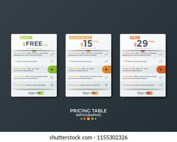 Three separate paper white rectangular tables or cards with place for text inside. Concept of 3 pricing plans with list of features to choose. Modern clean design template. Vector illustration.