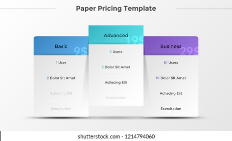 Three separate paper white rectangular elements of lists with description of features or included options. Concept of 3 pricing plans. Modern infographic design template. Vector illustration.