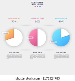 Three separate pie charts with percentage and revenue indication, place for heading and text. Concept of financial data visualization. Flat infographic design template. Vector illustration for report.