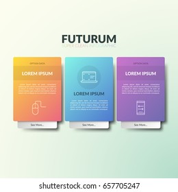 Three separate rectangular elements with thin line pictograms, headings, text boxes and additional tab. Futuristic infographic design layout. Vector illustration for brochure, presentation, banner.