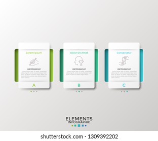 Three separate rectangular paper white elements or cards. Concept of 3 business options to choose. Modern infographic design template. Vector illustration for web menu interface, presentation.