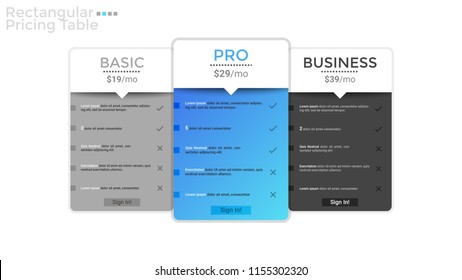 Three separate rectangular pricing tables or cards with check lists inside. Concept of comparison of 3 monthly subscription plans. Creative design template. Minimal vector illustration for website.