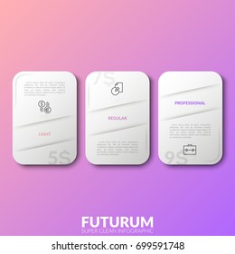 Three separate white rounded rectangles with headings, thin line icons, price indication and place for text. Concept of 3 website subscription plans. Infographic design template. Vector illustration.
