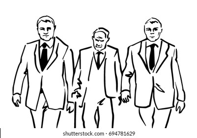 three serious men going, politicians, black and white vector line draft, simple drawing