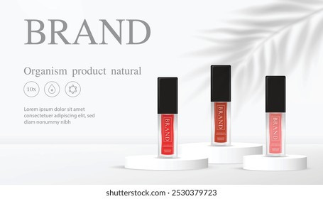 Três cosméticos de soro nos pódios brancos com fundo branco e cinza e sombra de folha