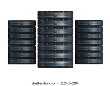 Three Server Racks With Equipment, Data Center Icon, On White Background, EPS 10 Contains Transparency.