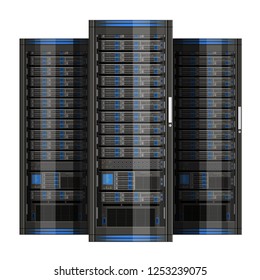 Three server racks with equipment, data center on white background ,illustration of network server, flat design. EPS 10 contains transparency