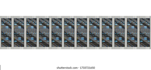 Three server racks with equipment, data center on white background ,illustration of network server, flat design. EPS 10 contains transparency.