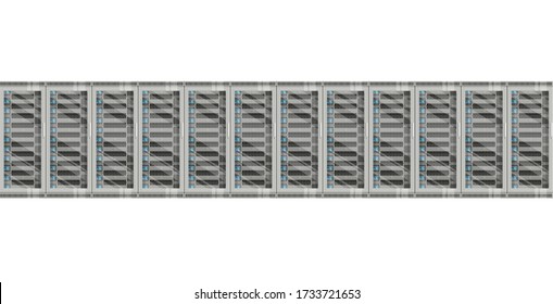 Three server racks with equipment, data center on white background ,illustration of network server, flat design. EPS 10 contains transparency.