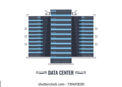 Three server room rack banner, server cabinet concept on abstract background 3d vector illustration