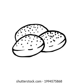 Three sesame buns on a white background.Vector bread can be used in menus,textiles, and bakeries.
