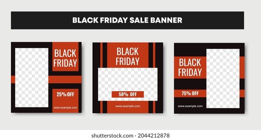 Tres juegos de banner de fondo negro y naranja del viernes de venta con 25, 50 y 75 por ciento de descuento.