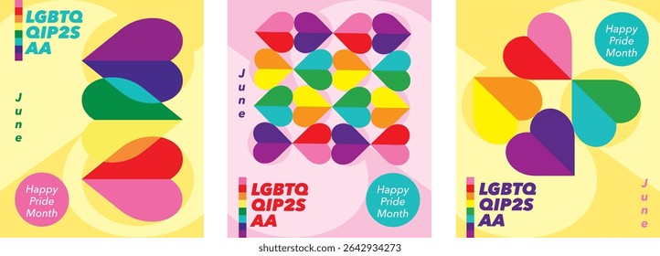 Three set of celebrate pride of June month with word LGBTQQIP2SAA for greeting cards, posters and holiday covers. Design in heart shape icon with pride color modern minimalist style.