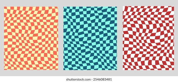 Three set of checkerboard with distorted grid tiles. Groovy checkered seamless patterns in trendy y2k style. Funky hippie gingham wallpaper. Retro chessboard with surreal wavy geometric shapes.