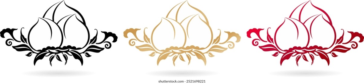 three set colors designs Fruit peach floral ornament isolated white backgrounds