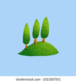 Three set columnar upright oval tree on green hill in low poly art style