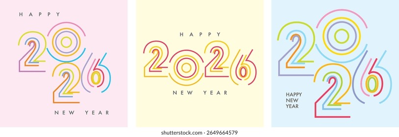 Drei Satz Design Vorlage von 2026 Happy New Year Grußkarte. Vektorgrafik-Kollektion von 2026 Frohes neues Jahr Karte mit buntem Hintergrund.