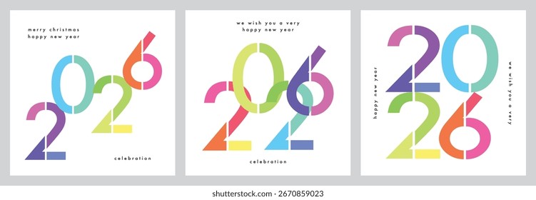 Tres conjunto de diseño de Plantilla de 2026 Feliz año Nuevo tarjeta de felicitación. Ilustración vectorial Feliz año Nuevo tarjeta de varios colores número 2026 sobre fondo blanco.