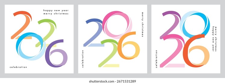 Modelo de design de três conjuntos de 2026 Feliz Ano Novo cartão de saudação. coleção de ilustração vetor de 2026 Feliz Ano Novo cartão com número multicolor 2026 no fundo branco.