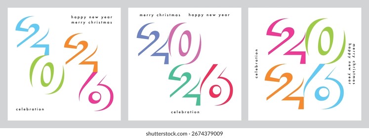 Modelo de design de três conjunto de 2026 Feliz Ano Novo saudação card.vetor ilustração Feliz Ano Novo cartão de várias cores número 2026 no fundo branco.