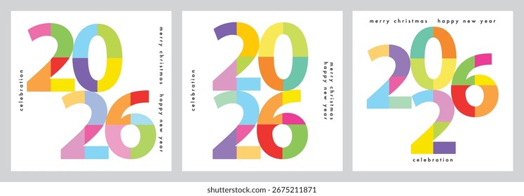 Modelo de design de três conjunto de 2026 Feliz Ano Novo saudação card.vetor ilustração Feliz Ano Novo cartão de várias cores pastel número 2026 em fundo branco.