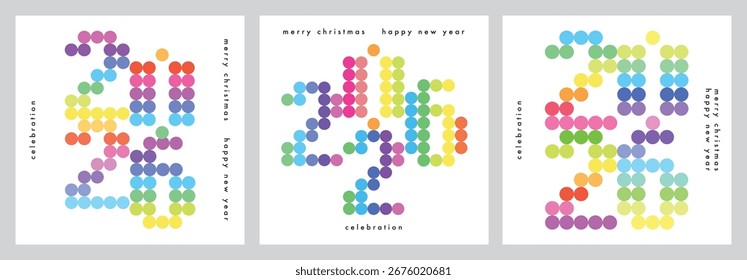 Modelo de design de três conjunto de 2026 Feliz Ano Novo saudação card.vetor ilustração Feliz Ano Novo cartão vários pontos cores número 2026 no fundo branco.
