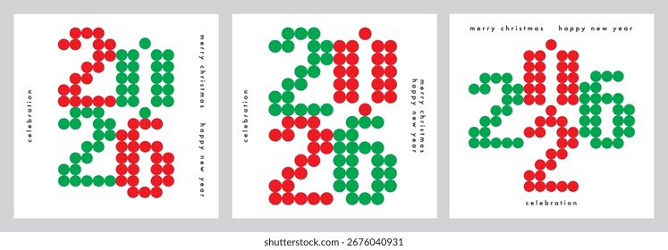 Drei Satz Design-Vorlage von 2026 Happy New Year Grußkarte.Vektorgrafik Happy New Year Karte grün und rot Punkte Farben Nummer 2026 auf weißem Hintergrund.