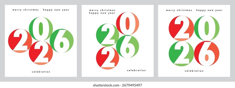 Plantilla de diseño de tres conjuntos de tarjeta de felicitación de feliz año Nuevo 2026. Ilustración vectorial Tarjeta de feliz año Nuevo número de círculo rojo verde 2026 sobre fondo blanco. 