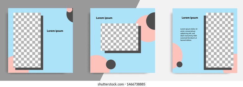 Three set editable square banner layout template - minimal modern design background in blue color with peach circle shape. Suitable for social media post, stories, story, flyer. Vector illustration