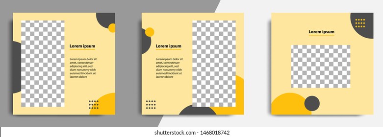 Three set editable square banner layout template - minimal modern design background in yellow color with black circle shape. Suitable for social media post, stories, story, flyer. Vector illustration