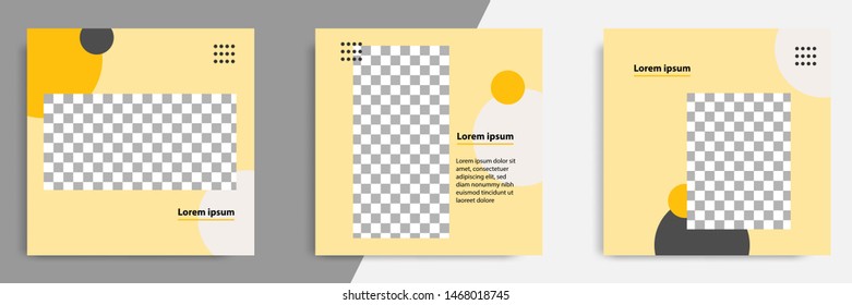 Three set editable square banner layout template - minimal modern design background in yellow color with black circle shape. Suitable for social media post, stories, story, flyer. Vector illustration