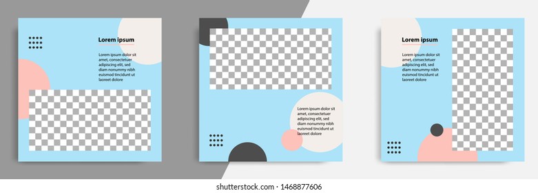 Three set editable square banner layout template - minimal modern design background in blue color with peach circle shape. Suitable for social media post, stories, story, flyer. Vector illustration