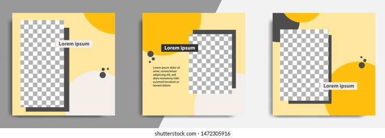 Three set editable square banner layout template - minimal modern design background in yellow color with black circle shape. Suitable for social media post, stories, story, flyer. Vector illustration