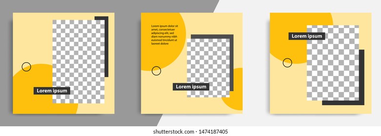 Three set editable square banner layout template - minimal modern design background in yellow color with orange circle shape. Suitable for social media post, stories, story, flyer. Vector illustration