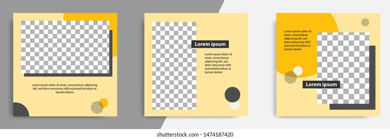 Three set editable square banner layout template - minimal modern design background in yellow color with orange circle shape. Suitable for social media post, stories, story, flyer. Vector illustration